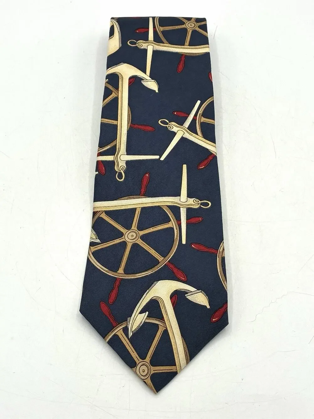 Vintage Tom James Silk Tie Nautical Anchor Ship Wheel Navy Red Novelty